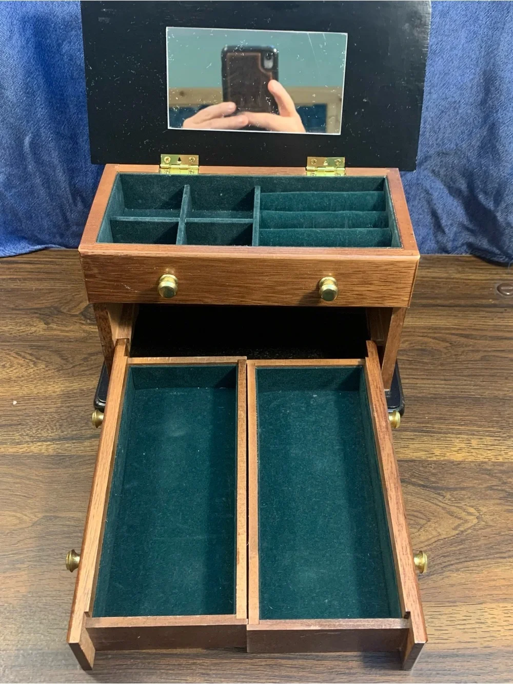 Brown/Black Wood Jewelry Box w/ Mirror, 2 Drawer ~ Pull Up Top Velvet Lined